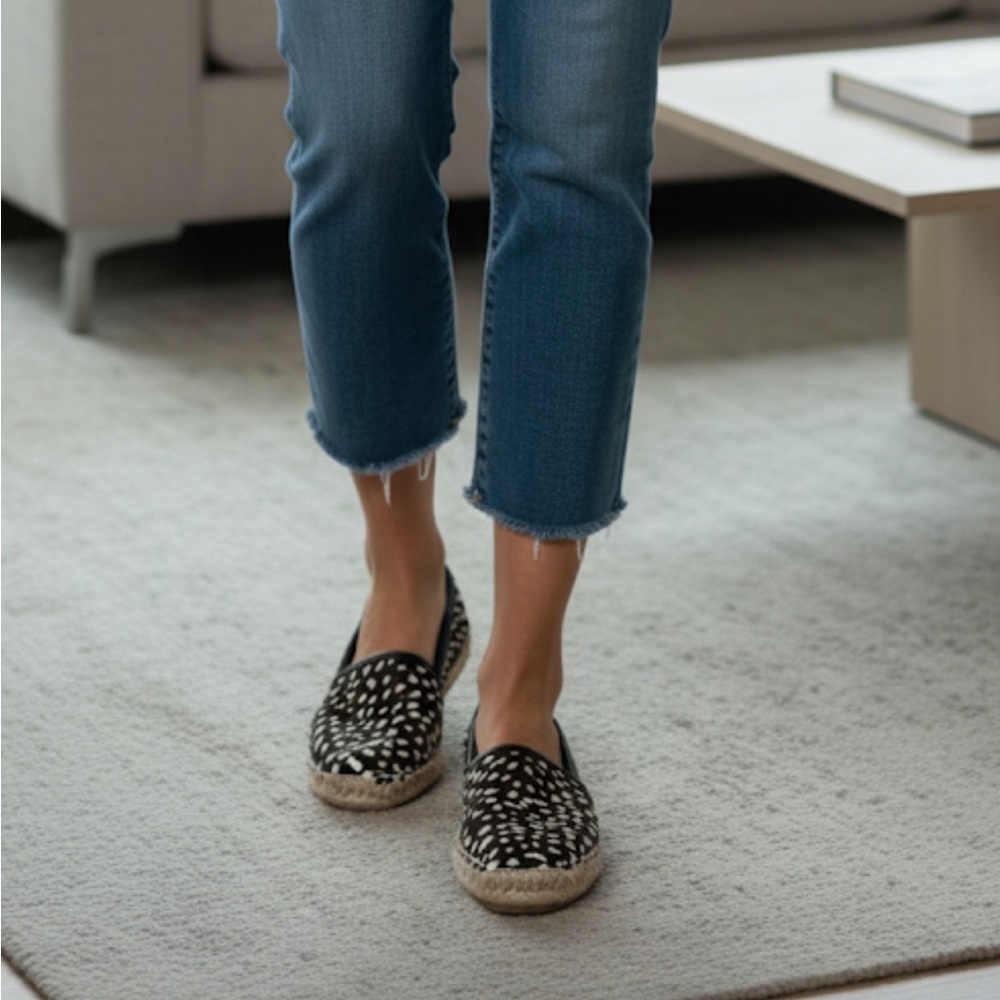 Tory Burch Black‎ and White Mckenzie Dotted Pony Espadrille Slip On Flats 7.5